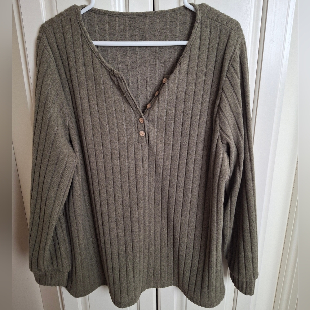 Olive Ribbed V-Neck Henley Sweater